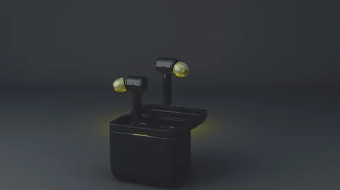 Studio shot of modern wireless mobile phone earphones with case, 3d illustrat Stock Photos