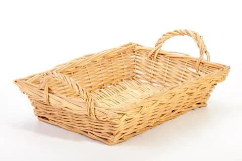 Studio shot rectangular wicker woven basket on White 스톡 사진
