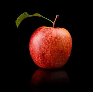 Studio shot of red apple with leaf isolated on black background Stock Photos