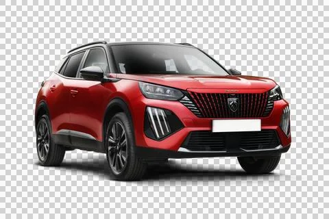Studio shot of a Red colored 2024 Peugeot 2008 GT right front three quarter.. Foto stock