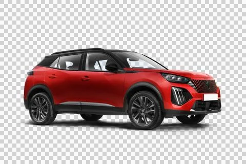 Studio shot of a Red colored 2024 Peugeot 2008 GT right front three quarter.. Foto stock