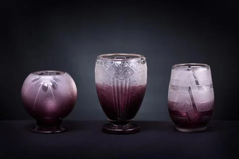 Studio shot of a set of rare late 1920´s French Schneider glass coupes and vases Stock Photos