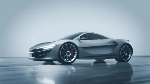 Studio shot of a silver generic modern sports car driving on a reflective floor 스톡 일러스트
