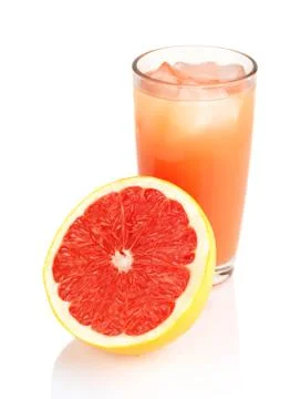 Studio shot of sliced grapefruit with grapefruit juice with ice cubes isolate Stock Photos