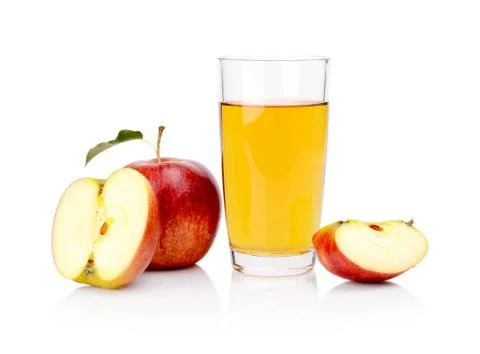 Studio shot of sliced red apple with leaf and apple juice isolated on a white Stock Photos