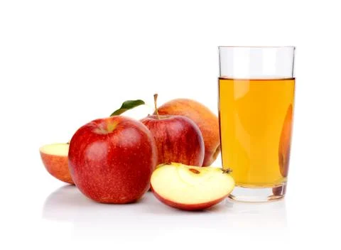 Studio shot of sliced red apple with leaf and apple juice isolated on a white Stock Photos