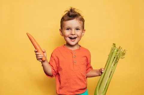 Studio shot of a smiling boy holding fresh celery and carrots on a yellow Stock Photos