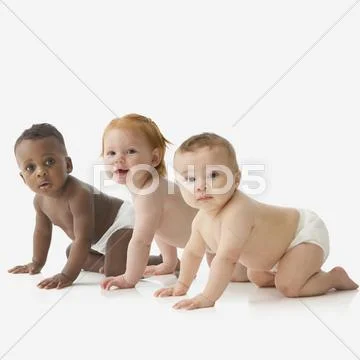 Studio shot of three babies crawling Stock Photos