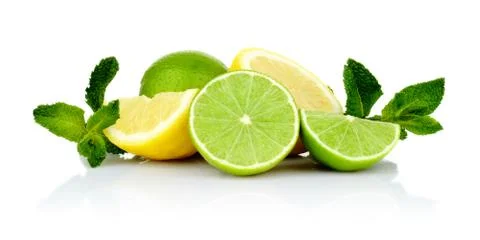 Studio shot of three sliced lemons and limes with mint isolated on a white ba Stock Photos