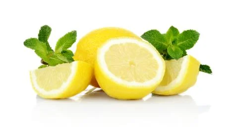 Studio shot of three sliced lemons with mint isolated on a white background Stock Photos