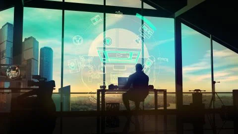 In the studio, the silhouette of a videographer at a computer. Illustrazione stock