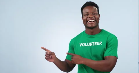 Studio smile, black man and volunteer point at commercial, non profit promo or Stock-Footage 251946390