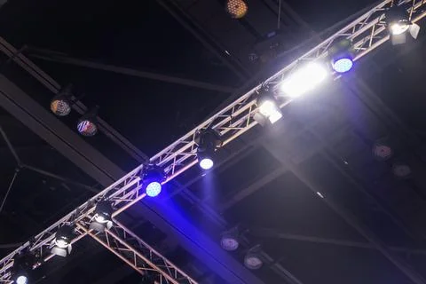 Studio spotlights are used in large stage installations and are hung on the.. Stock Photos