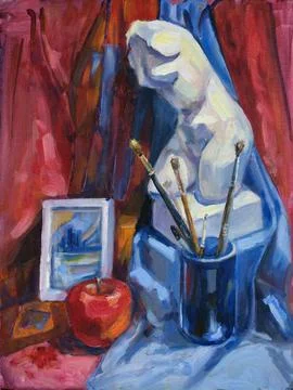 Studio still life with the Venus torso. Oil painting on canvas. Illustrazione stock