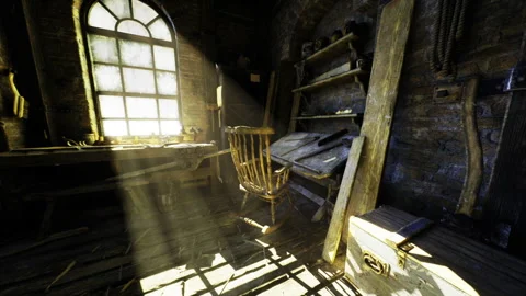 Studio with sunlight. Artistic room illuminated by striking sun rays Stock Footage 339623708