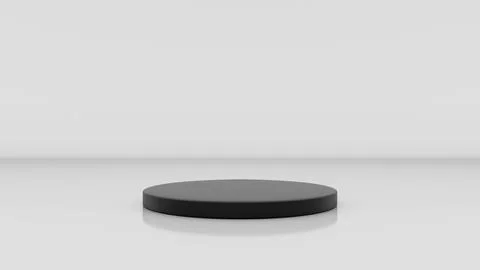 Studio template and black round shape pedestal on white reflective backgroud Stock Photos