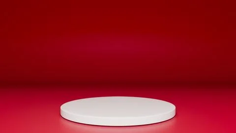 Studio template and white round shape pedestal on red reflective background Stock Illustration