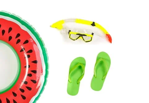 Studio top view shot two pairs of green rubber casual slippers with snorkel.. Stock Photos