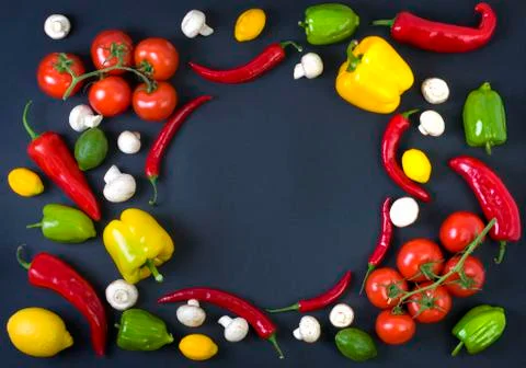 Studio top view shot of vegetables on dark background Stock Photos