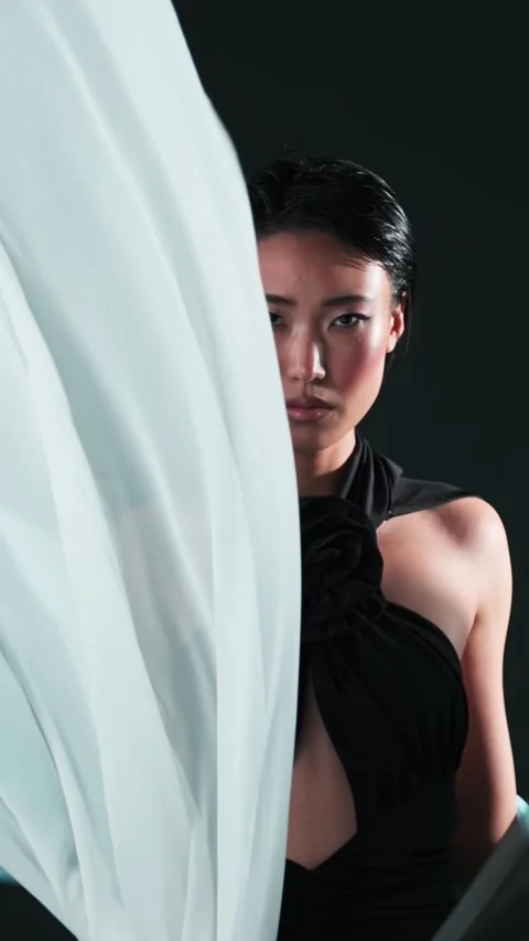 Studio vertical portrait of young asian model with bright makeup. Stock Footage 308064031