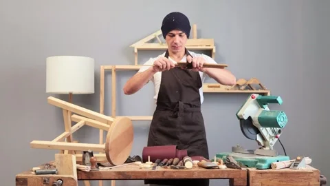 Studio for woodcraft. Building with talent. Joiner's creative process. Stock Footage 259078295