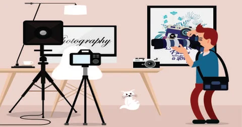 Studio work background man camera tool icons decor Stock Illustration