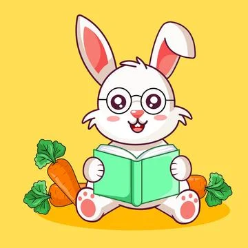 Studious White Rabbit with Glasses Reading a Book and Carrots Stock Illustration