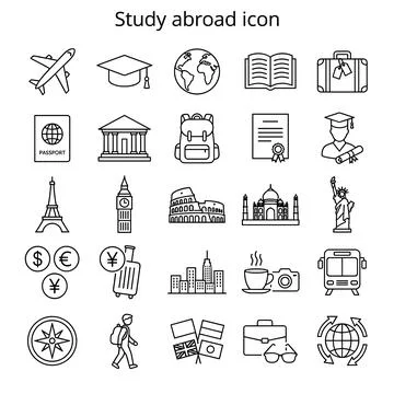 Study abroad icon set featuring airplane, graduation cap, globe, book, suit.. Stockillustratie