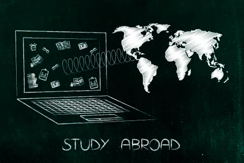 Study abroad laptop with school objects on the screen and world map popping o Stock Illustration