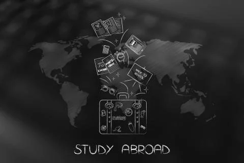Study abroad luggage with school items flying out over world map Stock Illustration