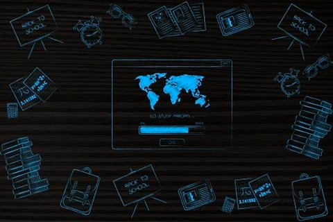 Study abroad pop-up with world map loading surrounded by mixed school items Stock Illustration