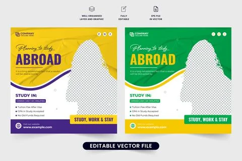 Study abroad social media post vector with purple, green, and yellow colors.. Illustrazione stock