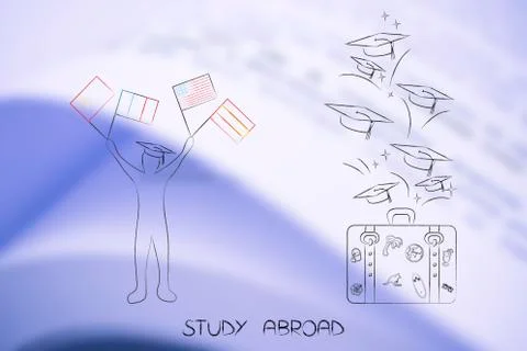 Study abroad student holding flags next to luggage with graduation hats flyin Stock Illustration