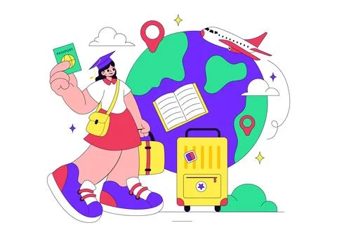 Study Abroad Vector Illustration Featuring International Education, Student.. Stock Illustration