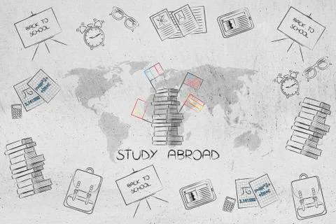 Study abroad world map surrounded by mixed school items and pile of books wit Stock Illustration