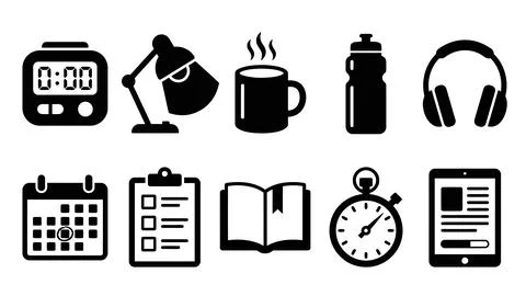 Study and productivity tools icons set for time management and education. Stock Illustration
