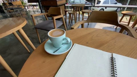 Study and work at the cafe. a cup coffee with an open book on the wooden table Stock Footage 218765758