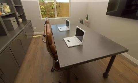 Study And Working Area With Long Wooden Table Stock Photos