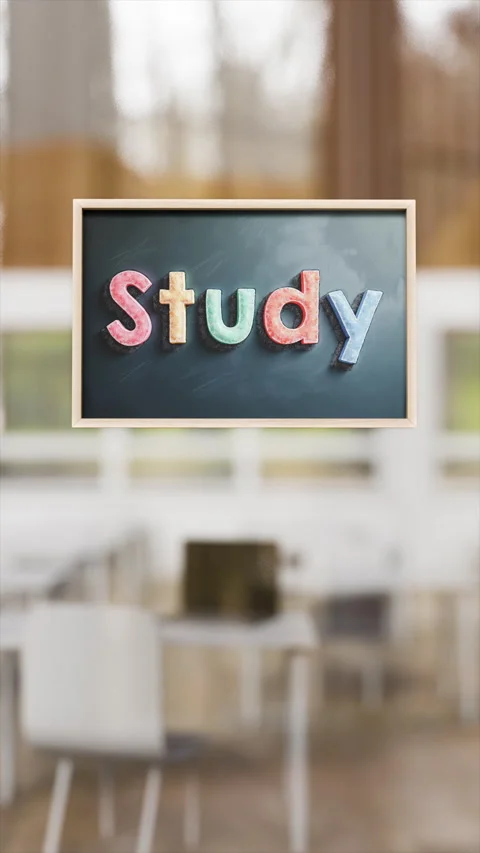 Study Area With Colorful Letters on Wall and Modern Tables in Bright Stock Footage 315393569