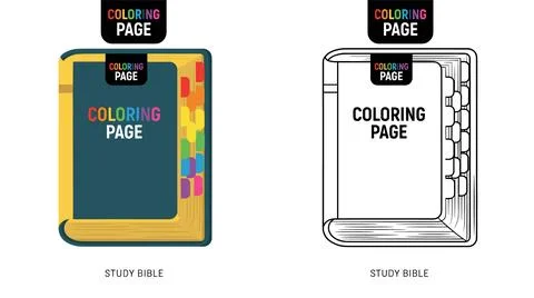 Study Bible coloring page illustration with rainbow tabs and text 'COLORING P Ilustración de archivo