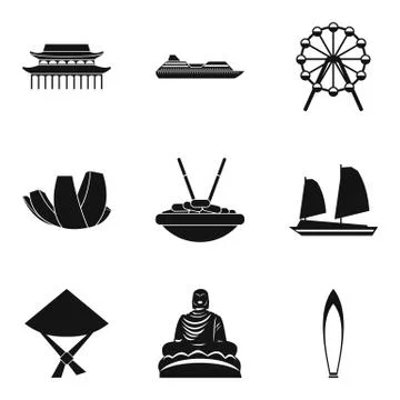 Study of buddhism icons set, simple style Stock Illustration