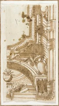 Study for a Ceiling Quadratura Frame. Italy, Bologna, 17th century. Drawing.. Stock Illustration