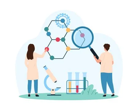 Study of chemical formula, structure of molecule and atoms of substance by tiny 스톡 일러스트