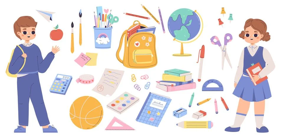 Study collection, back to school elements. Cute cartoon kid, stationery and Stock Illustration