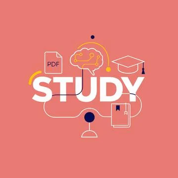 Study concept with brain, book, and graduation cap on pink background Stock Illustration