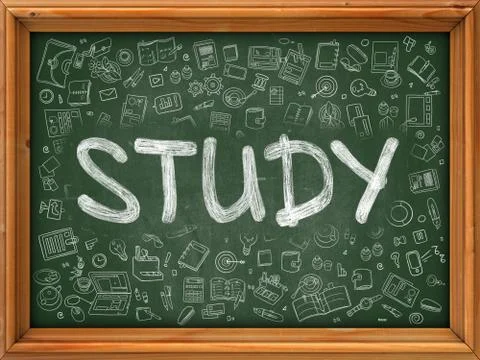 Study Concept. Green Chalkboard with Doodle Icons Illustrazione stock
