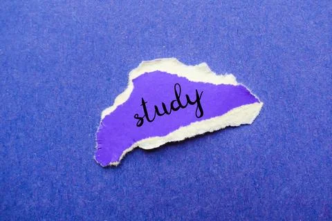 Study concept text on torn paper on blue background Stock Photos