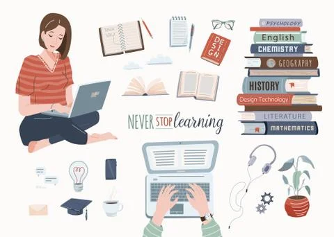 Study concept vector set. Girl sitting with open laptop on her knees. Pile of 库存插图