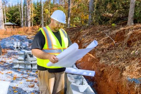 Study by construction workers shows that blueprint plans were used when 스톡 사진
