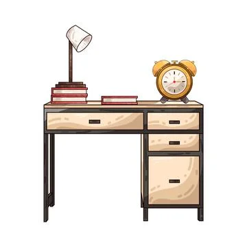 Study desk with books lamp and clock illustration Stock Illustration